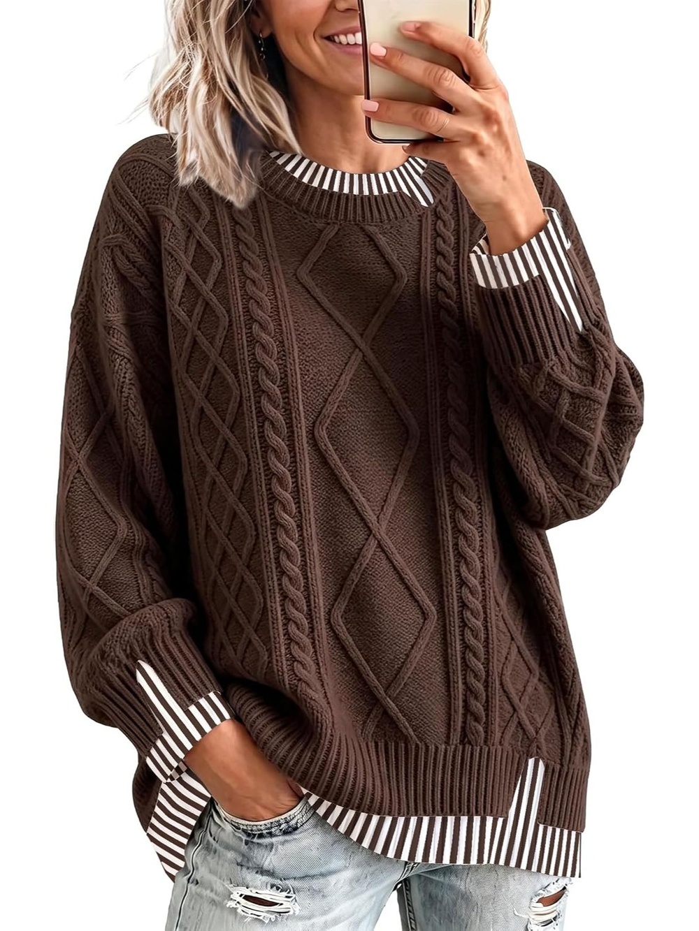 🆕 Womens Brown Cable Knit Oversized Sweater Crew Neck Long Sleeve Jumper Top